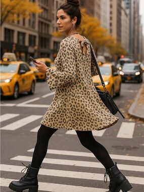 NWT Leopard-Print Mini Tunic Dress - Tan & Black